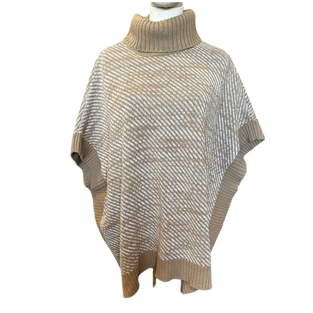 Michael Kors Turtleneck Poncho Sweater Camel‎ White Diagonal Knit Womens XL